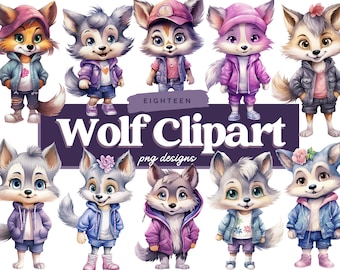 Wolf-Clipart-Bundle, Wolf PNG, Cartoon Wolf, Aquarell Clipart, kommerzielle Nutzung, Illustrationen, Digitales Design, Clip Art, süße Wölfe