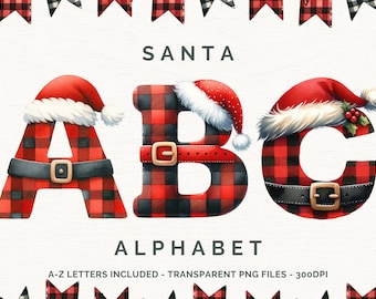 Letras a cuadros navideñas, fuente de sublimación de Papá Noel, paquete de garabatos navideños alfa, conjunto de garabatos del alfabeto de Papá Noel, elfo y reno PNG