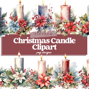 Christmas Candle Clipart PNG, Watercolor Clipart Bundle, Junk Journal, Christmas Digital Planner, Collage Images, Christmas Sublimation
