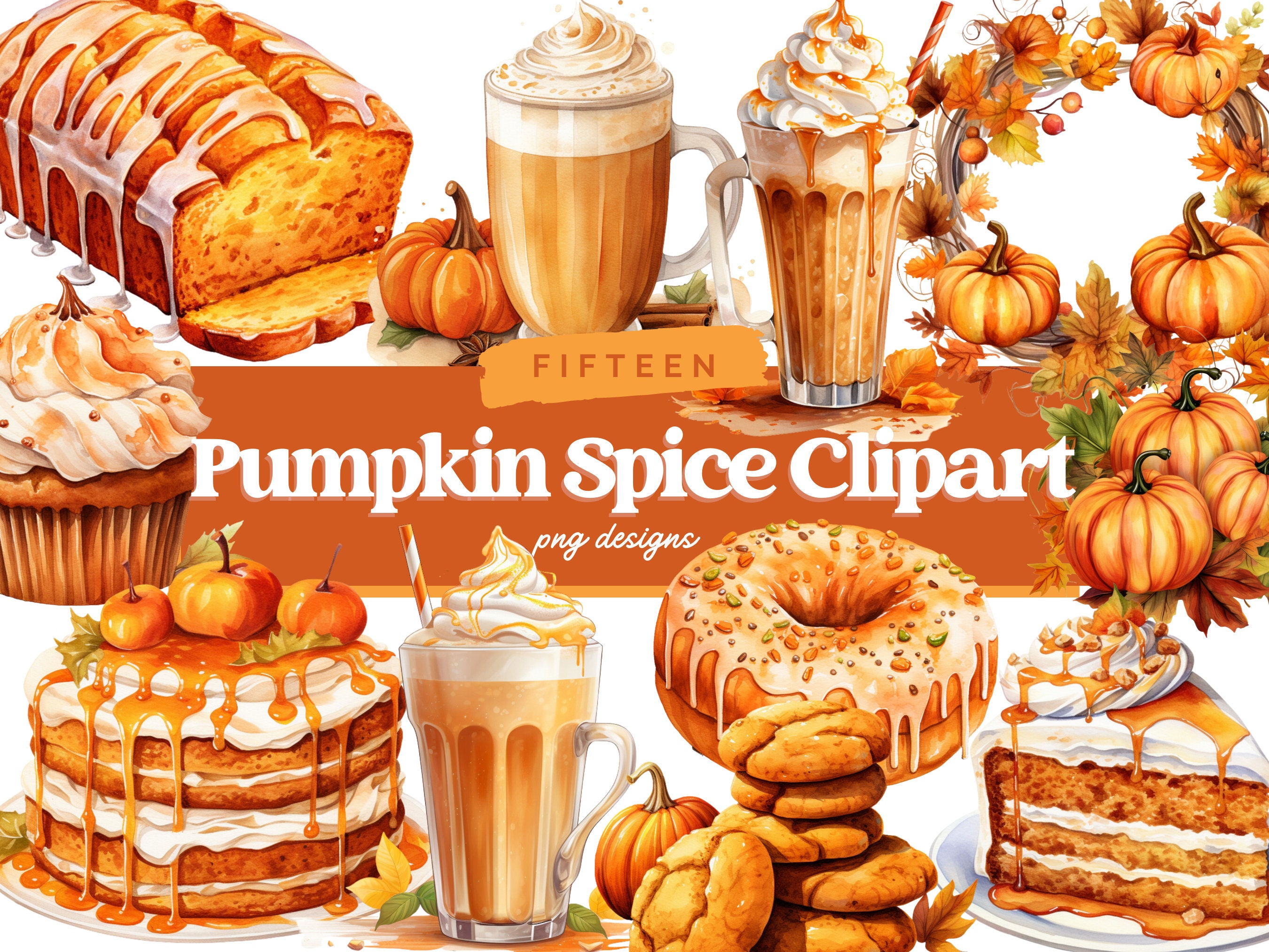 Watercolor pumpkin spice clipart bundle png sublimation halloween