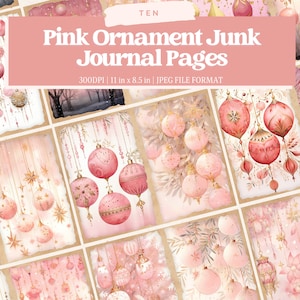 Pink Christmas Ornament Junk Journal Pages, Mixed Media, papiers numériques, pages de journal imprimables roses, papiers de journalisation, téléchargement numérique