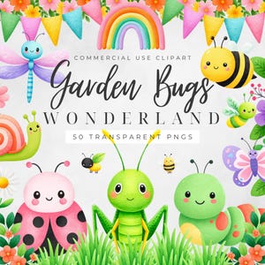 May include: A vibrant digital illustration of cartoon garden insects, such as a ladybug, bee, and caterpillar. The image includes the text "Garden Bugs Wonderland" and "50 Transparent PNGs."