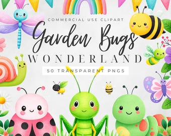 Cute Little Love Bugs Clipart, Insects Clipart, Spring Clip Art Bundle, Garden Creatures Clipart, Bee Watercolor Clipart, Bug Birthday Png