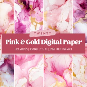 May include: Twenty digital papers featuring pink and gold abstract marble patterns. Seamless, 300 DPI, 12x12 inches, JPEG file format.
