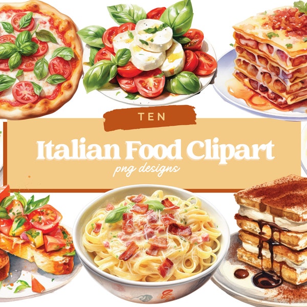 Watercolor Italian Food Clipart, Pizza Clipart, Pizza Party, Pizza Menu, Lasagna, Bruschetta, Risotto, Ravioli, Pasta Clipart, PNG