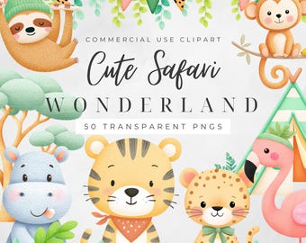 Cute Safari Animal Clipart - Jungle Animals Png - Watercolor - Nursery Clipart - Birthday Clipart - Sublimination - Commercial license