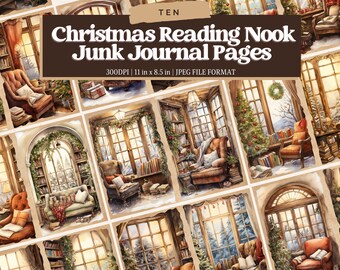 Op de afbeelding: Tien digitale afdrukbare pagina's met aquarel illustraties van knusse leeshoekjes die zijn versierd voor kerstmis. Elke pagina heeft een raam met uitzicht op een besneeuwde winterscène, een open haard, boekenplanken en een comfortabele fauteuil. De pagina's zijn perfect om toe te voegen aan een junk journal of te gebruiken als digitale scrapbooking-elementen.