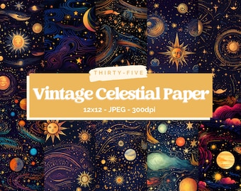 Vintage Celestial Digital Paper, Watercolor Textures Printable Scrapbook Paper, Galaxy Scrapbook Papers Cards, zodiac background card