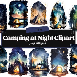 Pacote de clipart de acampamento noturno em aquarela, clipart de acampamento, gráficos digitais de acampamento noturno em aquarela, camping, céu estrelado, uso comercial