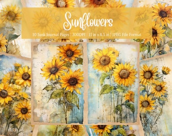 May include: Ten digital printable pages featuring watercolor illustrations of sunflowers on a textured background. The pages are 11 inches by 8.5 inches and 300 DPI.
