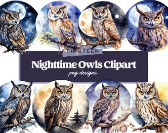 Owl and Moon Watercolor Clipart, Owls clipart, Fantasy clipart, White Owl Bundle PNG, Magic clipart, Instant Download, Owl Bundle