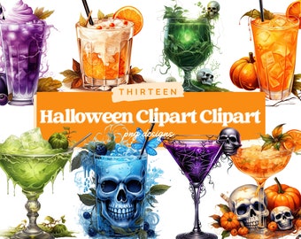May include: A set of 10 Halloween-themed clipart images featuring various drinks with skulls and other spooky elements. The drinks include a green cocktail, a blue cocktail, a purple cocktail, a yellow cocktail, a green drink, and a clear drink with a skull inside. The images are perfect for adding a spooky touch to your Halloween projects.