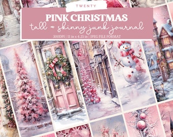 Pink Christmas junk journal page, Vintage Merry Christmas Junk Journal Pages, Santa Junk Journal Paper, Tall Skinny Junk Journal Digital