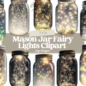 Può includere: Dieci barattoli di vetro trasparente con luci fatate all'interno. I barattoli sono in vetro trasparente e le luci sono bianche, gialle e blu. I barattoli sono disposti in due file da cinque. Il testo "Mason Jar Fairy Lights Clipart" è scritto in lettere bianche su uno sfondo grigio.