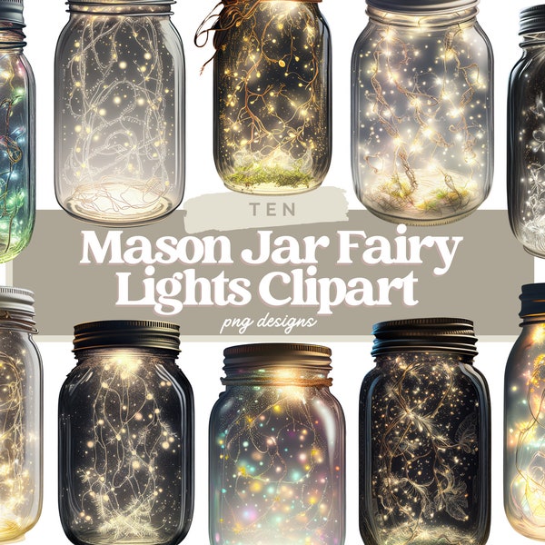 Watercolor Mason Jar Fairy Lights Clipart Bundle, Fairy Lights Clipart, Watercolor Mason Jar Fairy Light Digital Graphics | Fairy Lights PNG