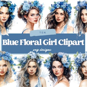 Watercolor Blue Floral Girl Clipart, Floral Girl PNG, Blue Floral Clipart, Clipart Elements, Summer Girl PNG, Scrapbooking, Commercial Use