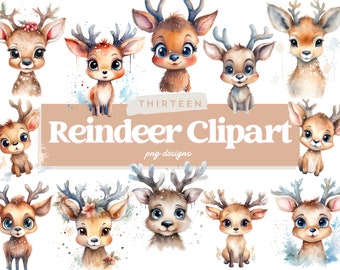 Imágenes Prediseñadas de reno de acuarela, PNG de reno, gráficos de Navidad, PNG de Navidad, sublimación de reno de Navidad, uso comercial, archivo instantáneo