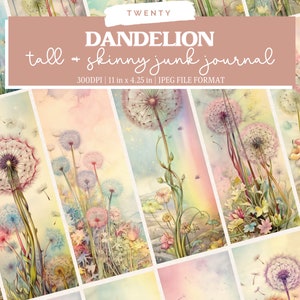 Dandelion Junk Journal Kit di diario spazzatura di fiori di carta alto e magro Pagine stampabili Download digitale, Oggetti effimeri vintage, Collage di album