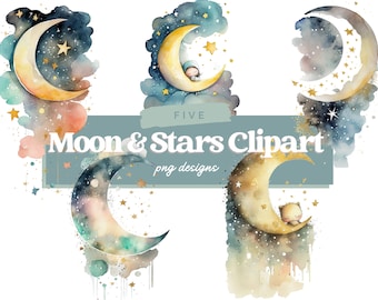 Acuarela Luna y estrellas Clipart - Linda luna y estrellas Clipart, imágenes prediseñadas de vivero, imágenes prediseñadas de acuarela, descarga instantánea, uso comercial