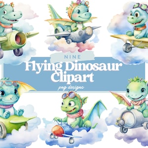 Puede incluir: Nueve ilustraciones de acuarela de lindos dinosaurios verdes volando en aviones y una patineta en las nubes. El texto "NINE Flying Dinosaur Clipart png designs" est&aacute; en la parte inferior de la imagen.