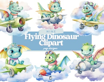 Watercolor Flying Dinosaur Clipart, Baby Dinosaur PNG, Cartoon Dinosaur Sublimation, Dinosaur Pilot, Commercial Use, Instant Download