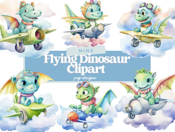 Watercolor Flying Dinosaur Clipart, Baby Dinosaur PNG, Cartoon Dinosaur Sublimation, Dinosaur Pilot, Commercial Use, Instant Download