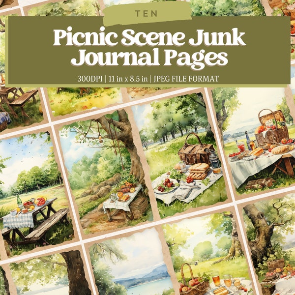 Picnic Scene Junk Journal Pages, Digital Download, Scrap Book, Printable, Vintage Junk Journal Digi Kit, Journal, Picnic, Floral, Park
