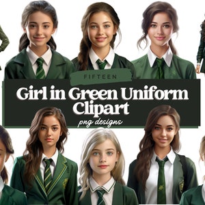 Aquarel schoolmeisje clipart, schoolmeisje PNG, schooluniform clipart, clipart elementen, groene uniforme PNG, scrapbook, commercieel gebruik
