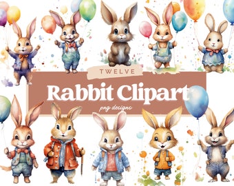 Bunny Watercolor Clipart, Cute Baby Shower Graphics, Nursery Decor Wall Art, Animal PNG, Cute Rabbit Sublimation, Watercolor rabbit