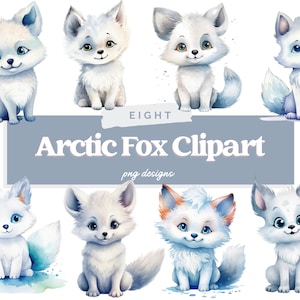 Arctic Fox Watercolor Clipart, Cute Baby Shower Graphics, Nursery Decor Wall Art, Animal PNG, Commercial Use, Instant Download, Fox Graphics
