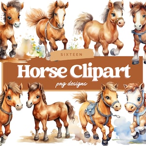 Paquete de imágenes prediseñadas de caballo, PNG de caballo, caballo de dibujos animados, imágenes prediseñadas de acuarela, ilustraciones de uso comercial, diseño digital, imágenes prediseñadas, caballos lindos