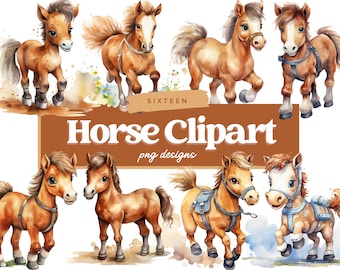 馬のクリップアート バンドル、馬 PNG、漫画の馬、水彩クリップアート、商用利用可能なイラスト、デジタル デザイン、クリップアート、かわいい馬