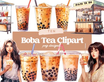 Boba Tea Clipart, Bubble Tea PNG, Watercolor Drinks Clipart, Junk Journal, Kawaii Clipart, Commercial License, Sublimation Designs