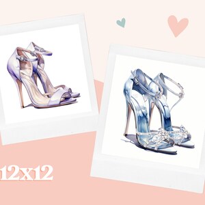 May include: Two pairs of high-heeled sandals. One pair is silver with a crystal embellishment, the other is a light purple color.