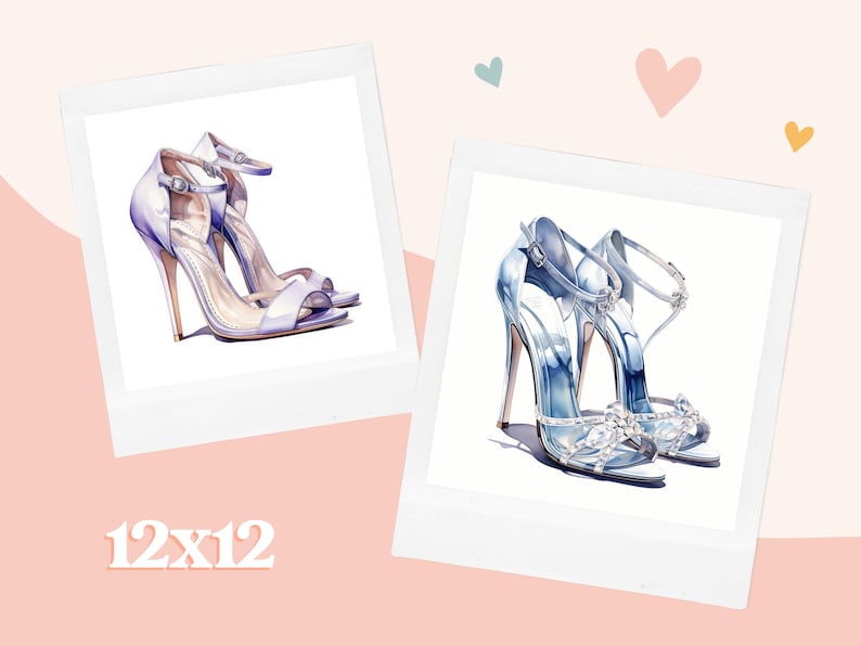 May include: Two pairs of high-heeled sandals. One pair is silver with a crystal embellishment, the other is a light purple color.