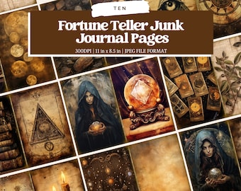 Skräpjournalkit för spåkvinnan Tarot och kristallkula Skräpjournalsidor Gotiska collageark scrapbookingkort Ephemera Tarotberättelser