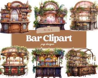Watercolor Bar PNG Clipart Bundle, Digital Crafts Designs Transparent, Bar Sublimation, Bar PNG, Commercial Use, Cocktail PNG, Cocktail Bar