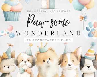 Cute Dogs Clipart, Paw Party Clipart, Dog Birthday Pawty Clipart, Puppy Breeds Bundle PNG, Watercolor Birthday Party Clipart, Commercial Use