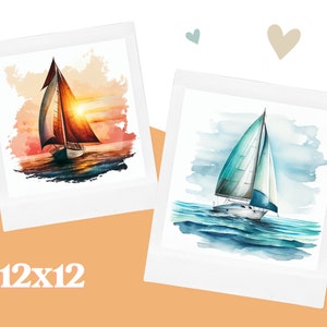 May include: Two watercolor paintings of sailboats on the water. The first painting shows a sailboat at sunset with a red and orange sky. The second painting shows a sailboat on a blue and white day with a blue sky. Both paintings are framed in white.