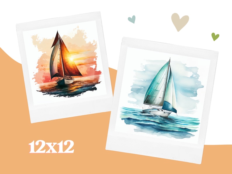 May include: Two watercolor paintings of sailboats on the water. The first painting shows a sailboat at sunset with a red and orange sky. The second painting shows a sailboat on a blue and white day with a blue sky. Both paintings are framed in white.