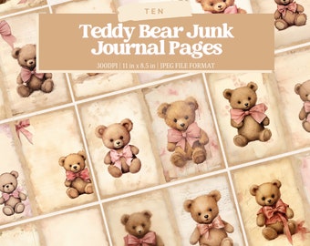 Teddy Bear Junk Journal Pages, Digital Download, Scrap Book, Printable, Vintage Junk Journal Digi Kit, Journal, Nursery, Vintage Bear, Pink