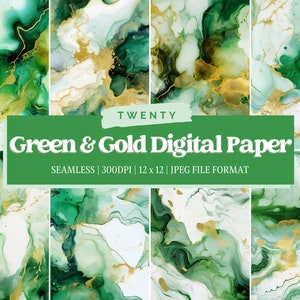 Digitales Papier mit grünem und goldenem Marmor, digitales Papier mit Achat, nahtloses Design, Hintergrund mit grünem und goldenem Hintergrund, kommerzielle Nutzung
