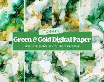 Green and Gold Marble Digital Paper, Marble Digital Paper, Agate Digital Paper, Seamless Design, Green and Gold Background, Commercial Use