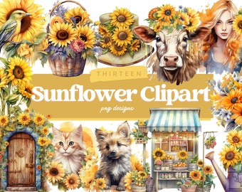 Sonnenblume PNG Clipart Bundle, Sonnenblume Bilder für Scrapbooking, Journaling, Sommer Blume PNG Clipart, Blumen Clipart, kommerzielle Nutzung
