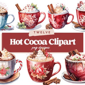 Pode incluir: Doze ilustra&ccedil;&otilde;es de aquarela de canecas de chocolate quente com diferentes coberturas, incluindo chantilly, bast&otilde;es de caramelo e paus de canela. As canecas s&atilde;o decoradas com desenhos festivos, incluindo flocos de neve, azevinho e bast&otilde;es de caramelo. O texto "Hot Cocoa Clipart" &eacute; exibido em uma faixa vermelha.