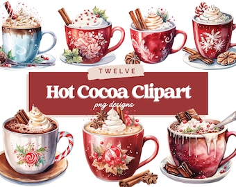 Hot Chocolate Clipart, Watercolor Hot Cocoa PNG, Christmas Sublimation, Food Clipart Bundle, Winter Junk Journal, Digital Planner