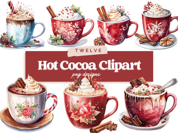 Hot Chocolate Clipart, Watercolor Hot Cocoa PNG, Christmas Sublimation, Food Clipart Bundle, Winter Junk Journal, Digital Planner