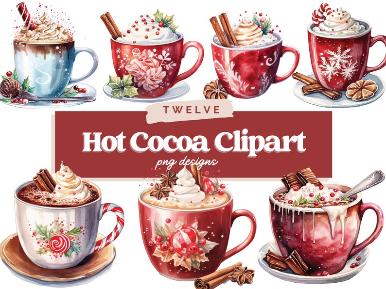Pode incluir: Doze ilustra&ccedil;&otilde;es de aquarela de canecas de chocolate quente com diferentes coberturas, incluindo chantilly, bast&otilde;es de caramelo e paus de canela. As canecas s&atilde;o decoradas com desenhos festivos, incluindo flocos de neve, azevinho e bast&otilde;es de caramelo. O texto "Hot Cocoa Clipart" &eacute; exibido em uma faixa vermelha.