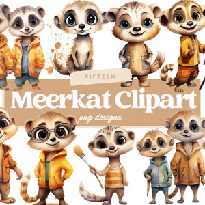 Paquete de imágenes prediseñadas de suricata, suricata PNG, suricata de dibujos animados, imágenes prediseñadas de acuarela, ilustraciones de uso comercial, diseño digital, imágenes prediseñadas, guardería