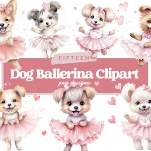 May include: A set of ten digital illustrations of dogs dressed as ballerinas. The dogs are wearing pink tutus and have pink bows in their hair. The illustrations are in a watercolor style and have a whimsical feel.